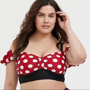 Torrid DISNEY MINNIE MOUSE RED POLKA DOT COLD SHOULDER WIRELESS BIKINI TOP